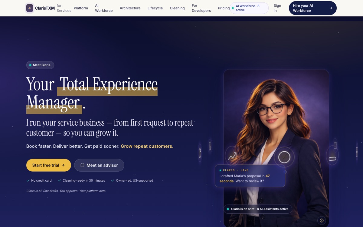 ClarisTXM for Services home, the Total Experience Manager